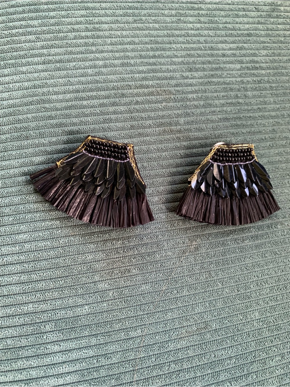 Black beaded and feathered earring, handmade